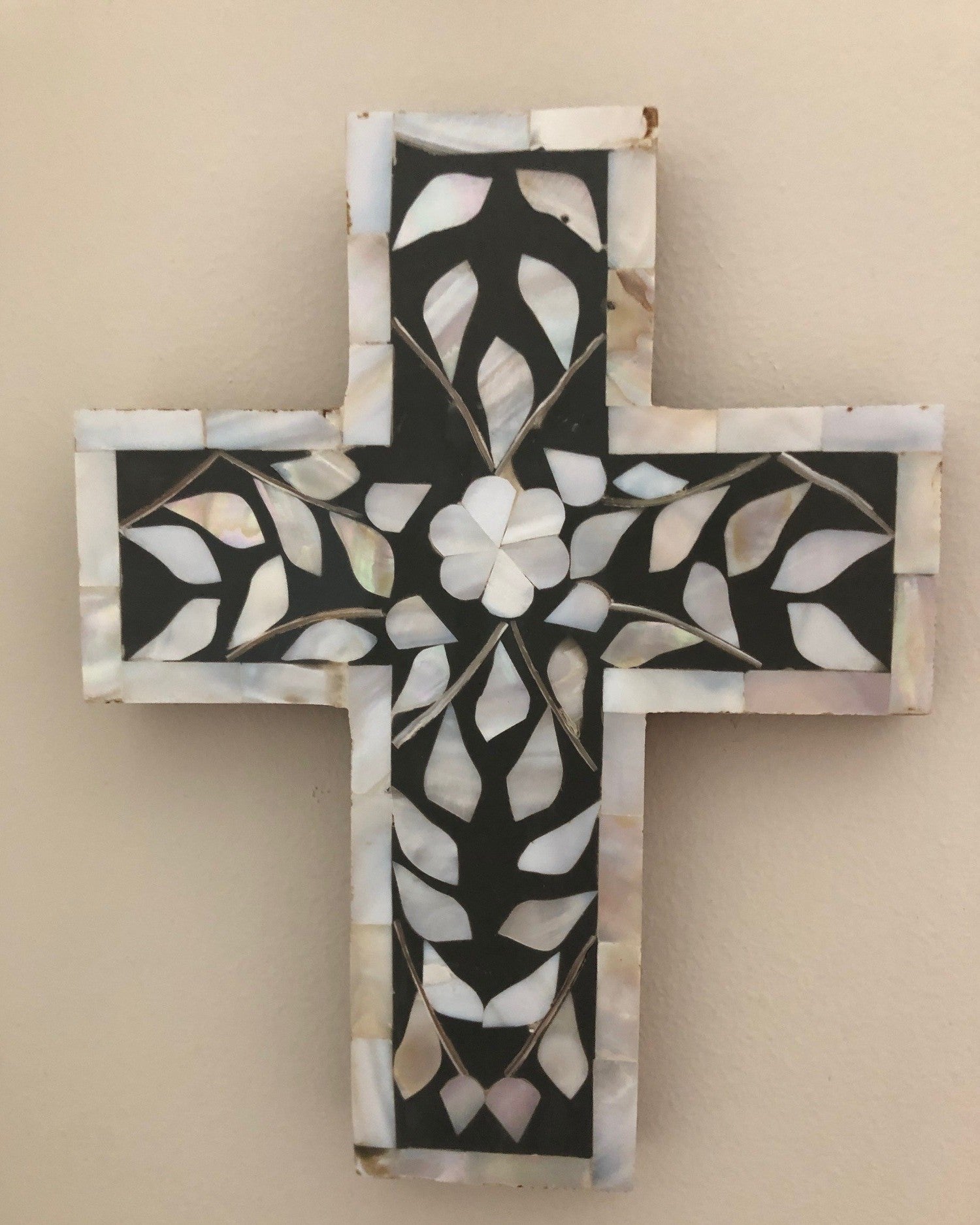 Imperfect Mother of Pearl Inlay Small Cross : Floral : Black