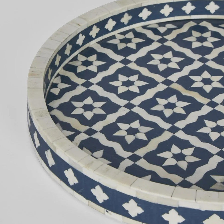 Bone Inlay Round Tray : Ogee : Navy