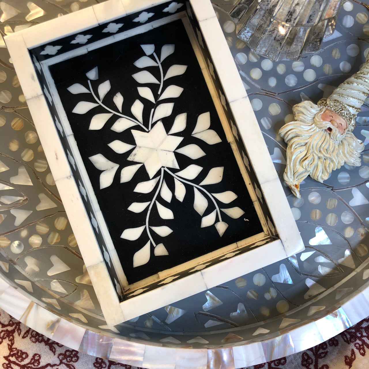 Bone Inlay Mini Tray : Floral : Black