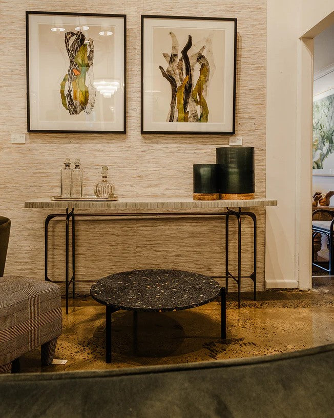 Bone Inlay Console wtih Antique Brass Legs : Pinstripe : Charcoal