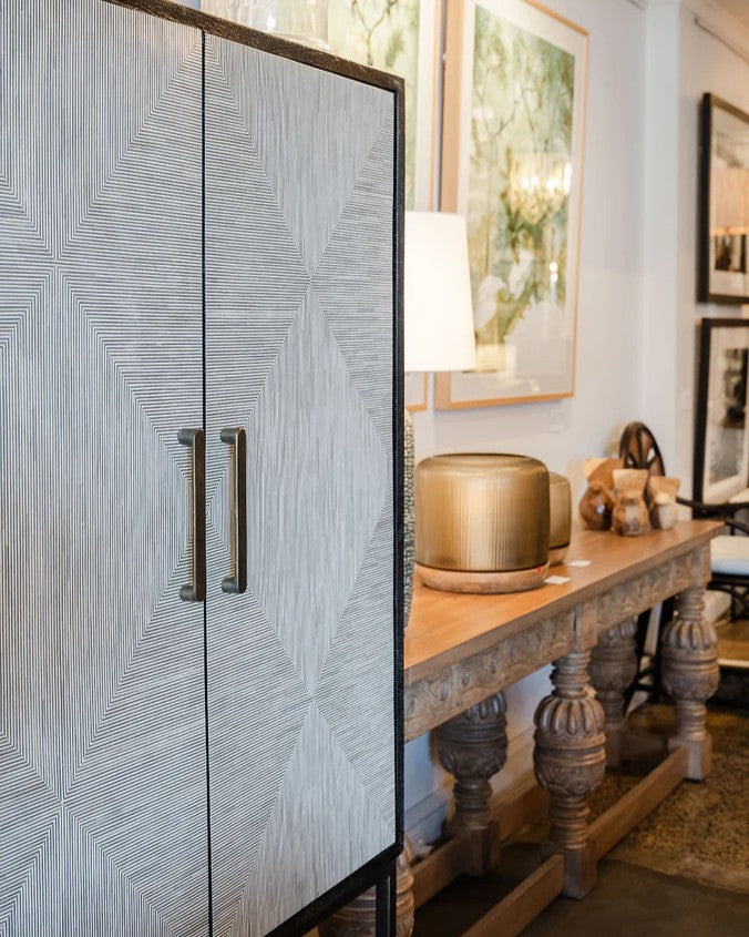 Bone Inlay Drinks Cabinet  wtih Antique Brass Legs : Pinstripe : Charcoal