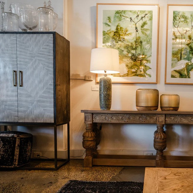 Bone Inlay Drinks Cabinet  wtih Antique Brass Legs : Pinstripe : Charcoal