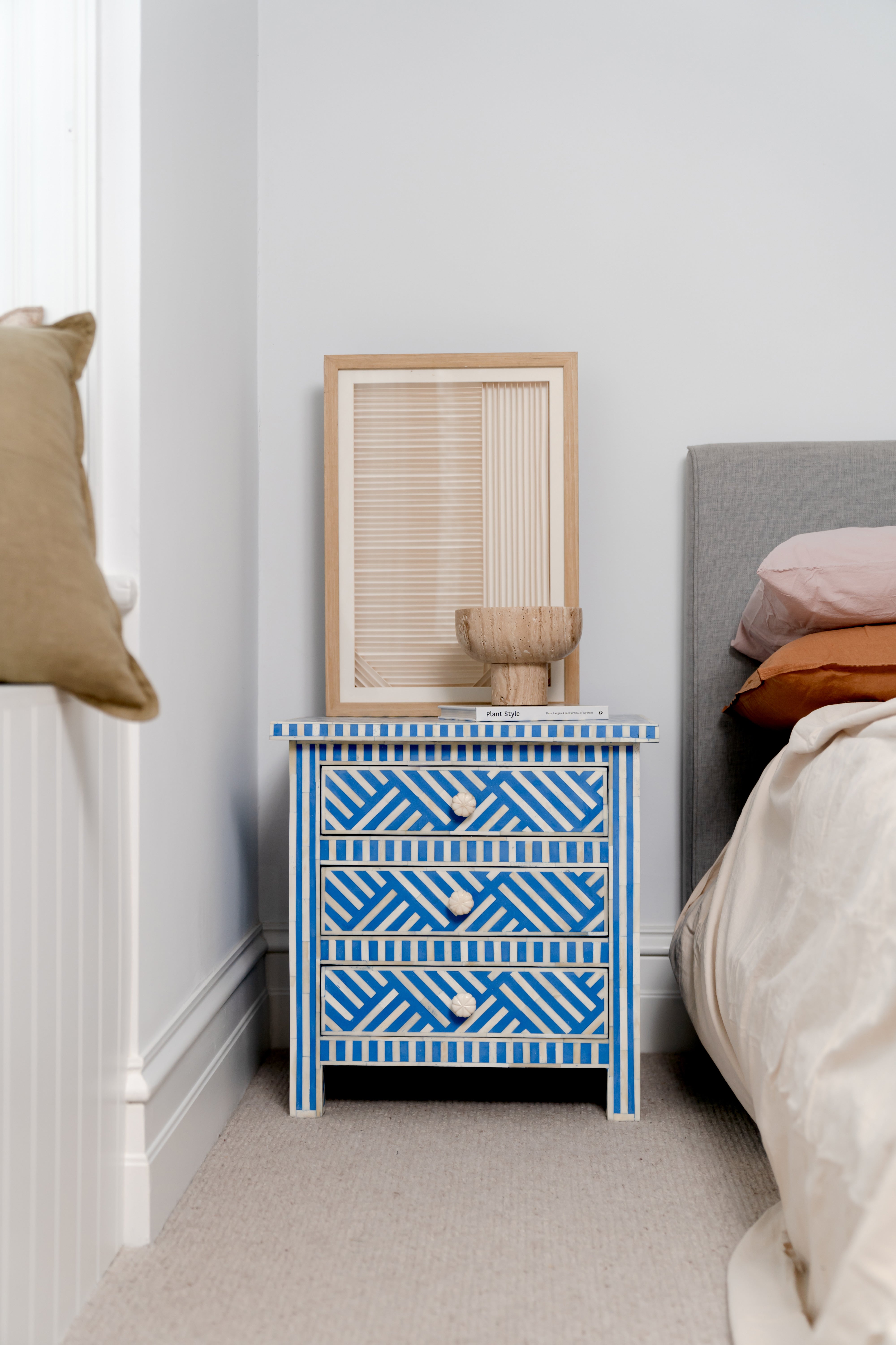 Bone Inlay 3 Drawer Bedside Chest : Criss Cross : Blue