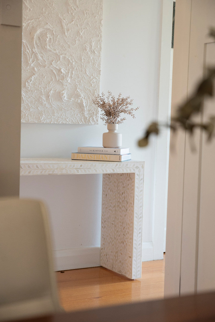 Bone Inlay Waterfall Console : Floral : White