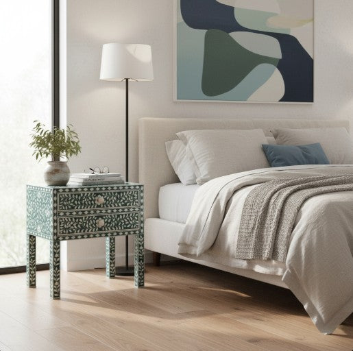 Bone Inlay 2 Drawer Bedside : Floral : Dark Green