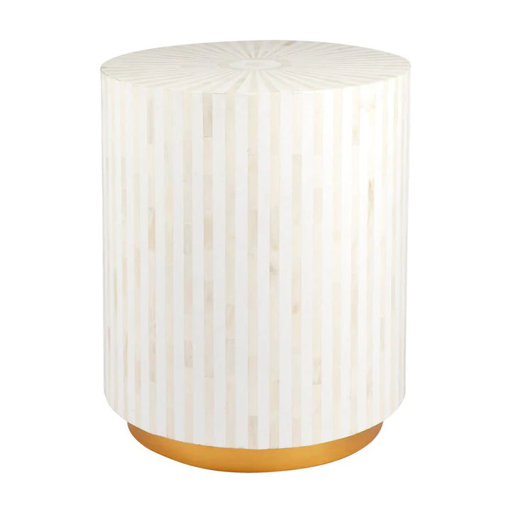 Cylindrical lamp with ribbed design and wooden base on a white background