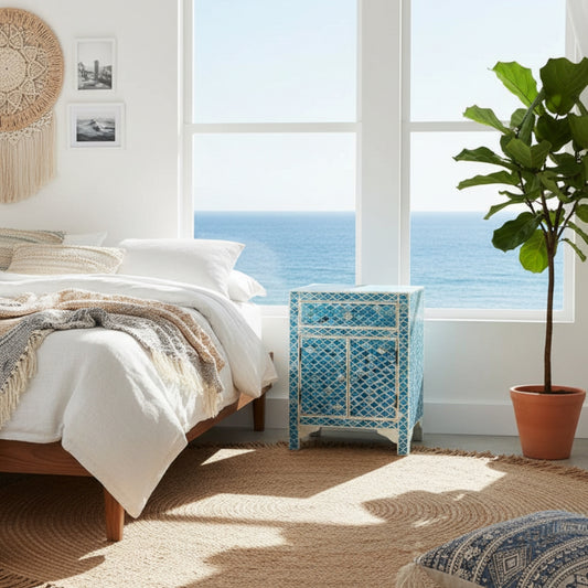 Dyed Bone Inlay Bedside Cabinet : Moroccan: Blue