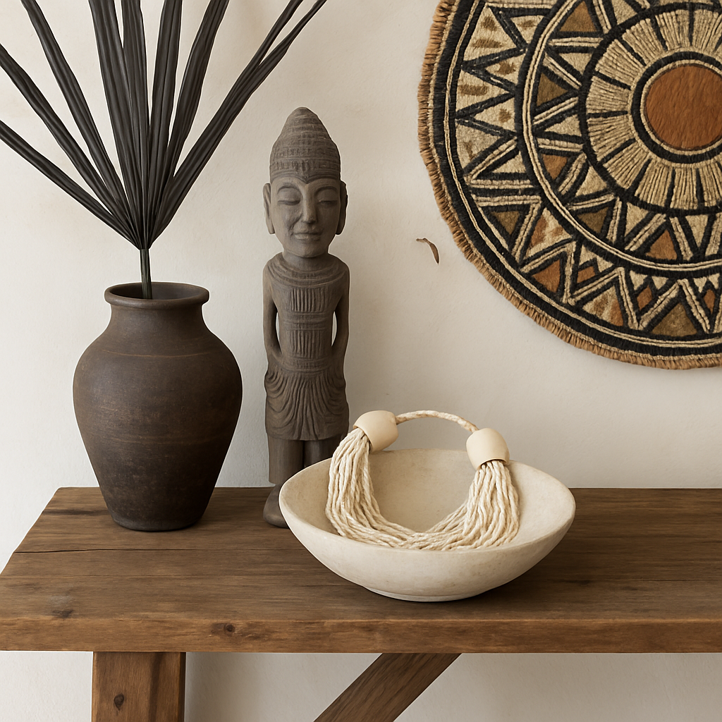 Decorative items including a vase, statue, and woven basket on a wooden table with a wall hanging in the background.