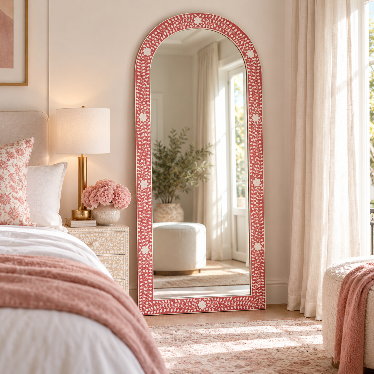 Mother of Pearl Inlay Floor Mirror : Floral : Fuchsia