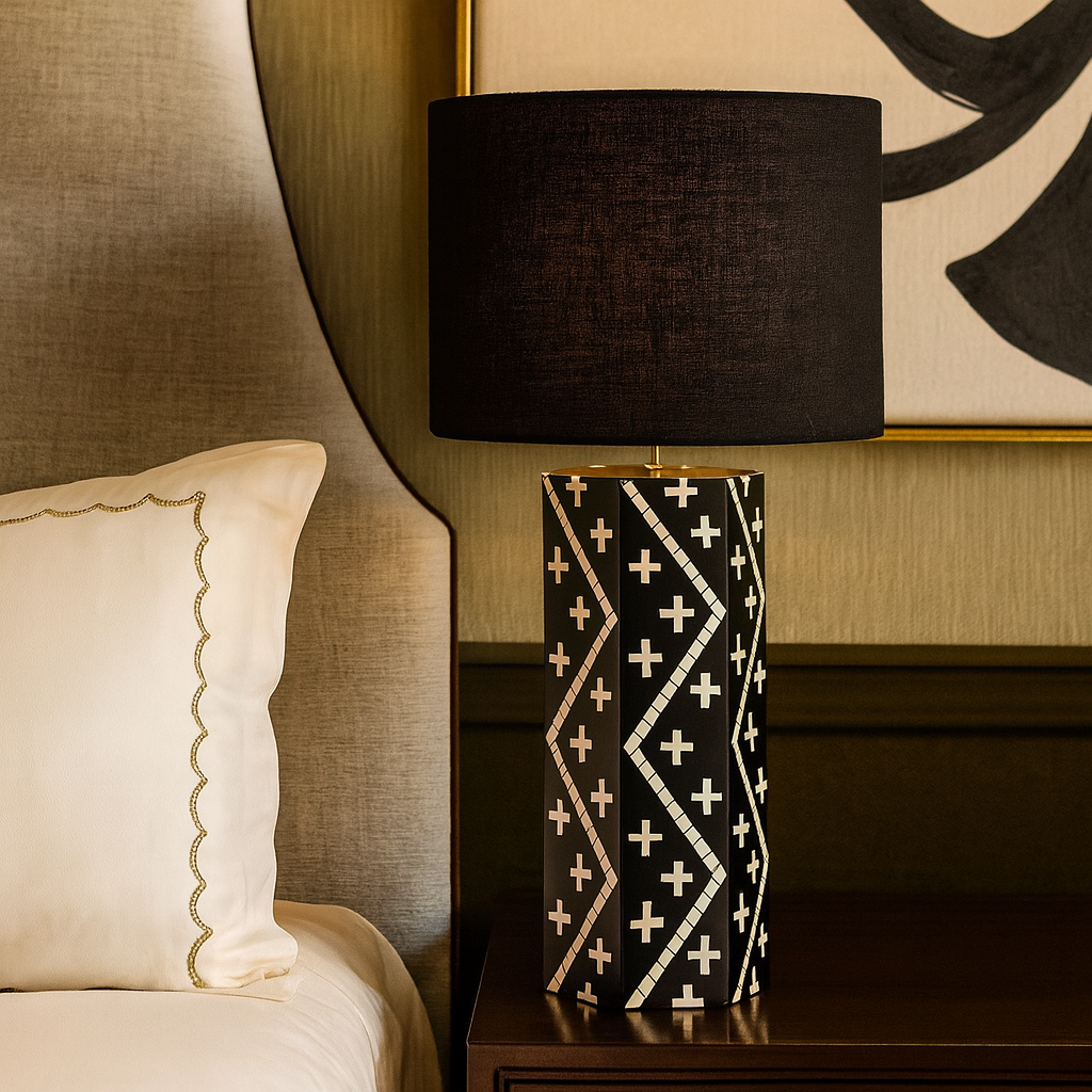 Bone Inlay Table Lamp : Crosses : Black & White