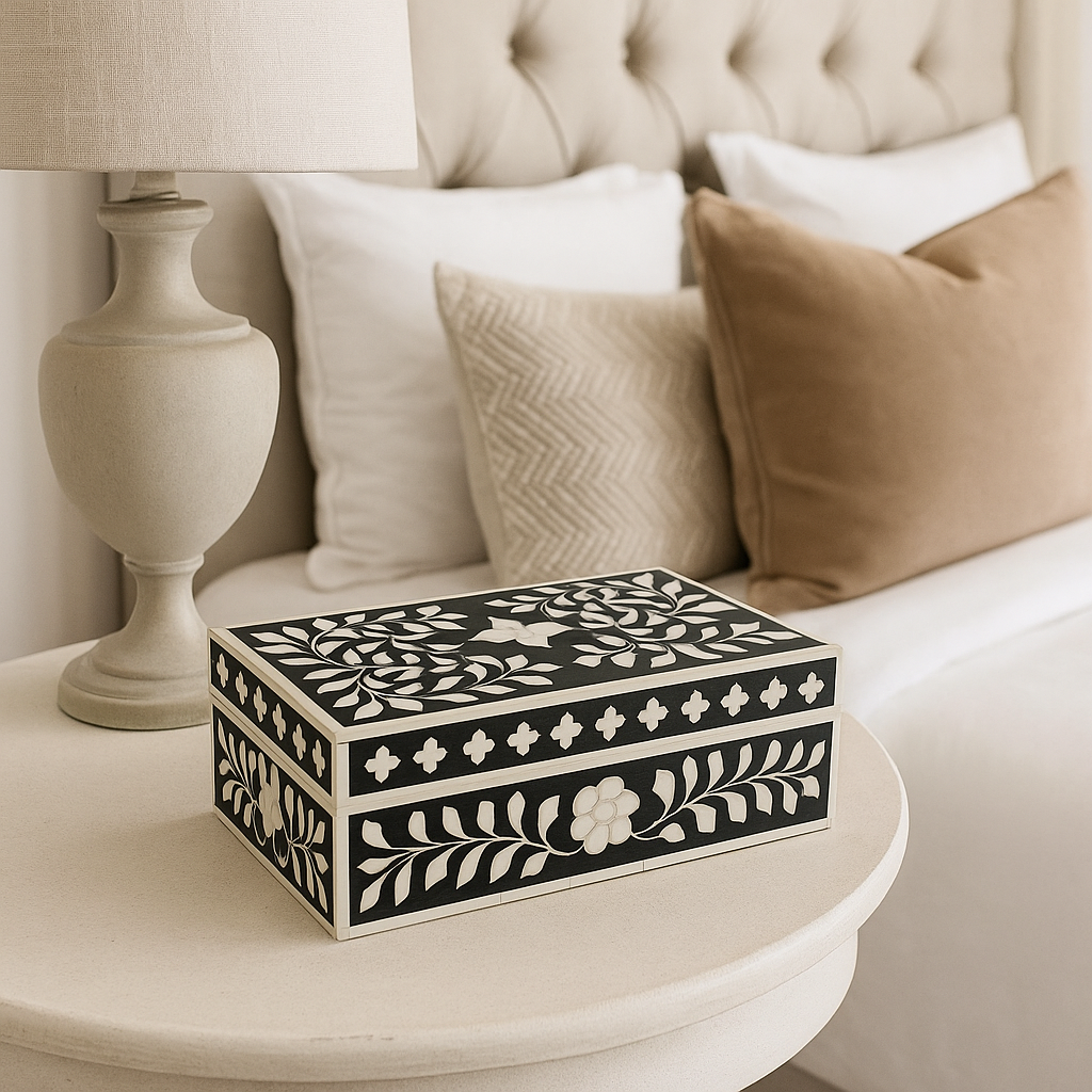 Bone Inlay Mid-Size Box : Floral : Black