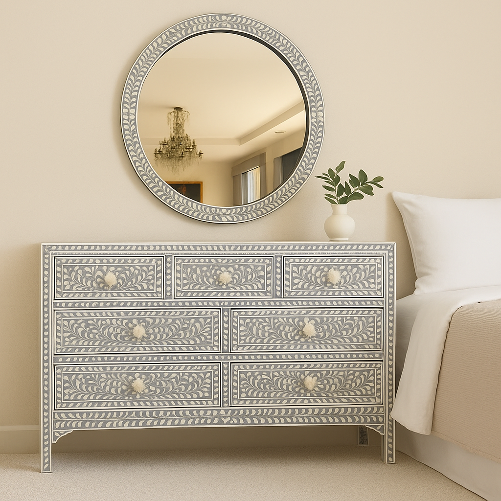 Bone Inlay 7 Drawer Chest : Floral : Grey