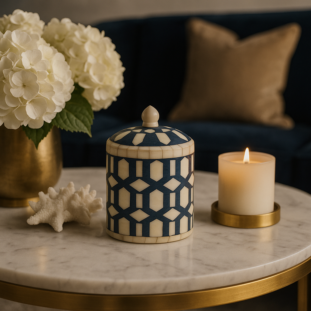 Decorative jar with geometric pattern on a marble table with flowers and candle