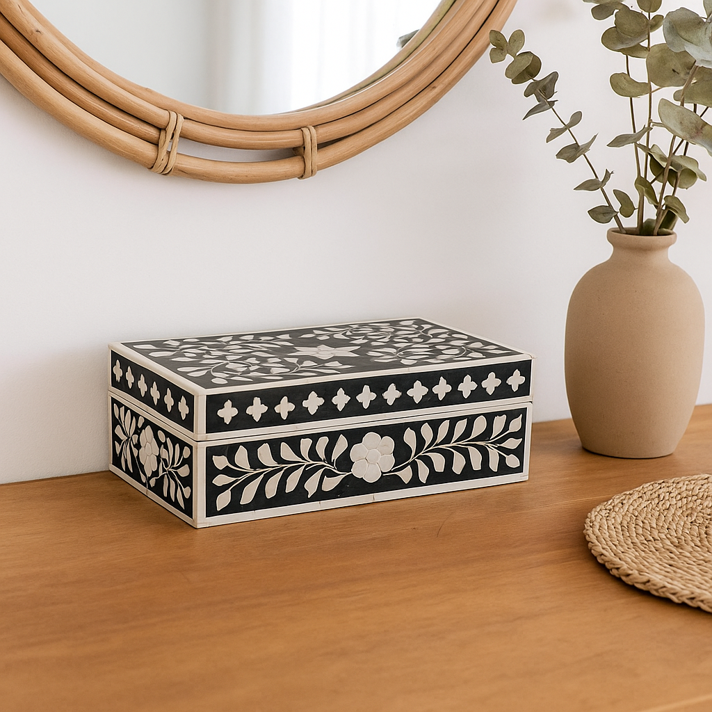 Bone Inlay Mid-Size Box : Floral : Black
