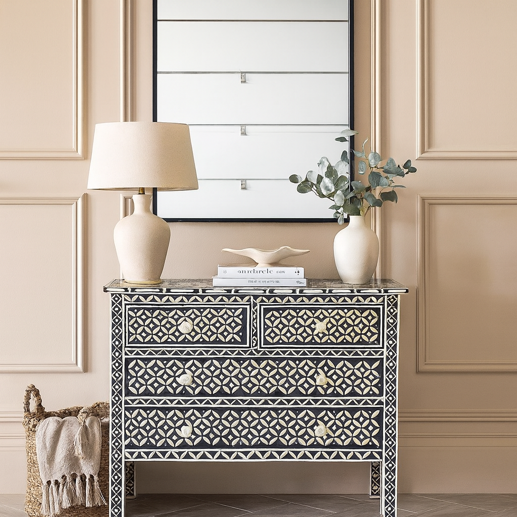 Bone Inlay 5 Drawer Chest : Starburst : Black