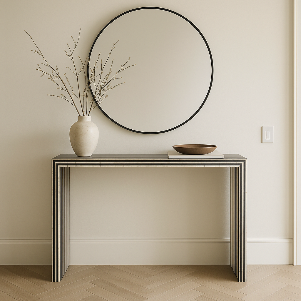 Console table with a vase and mirror in a minimalistic room