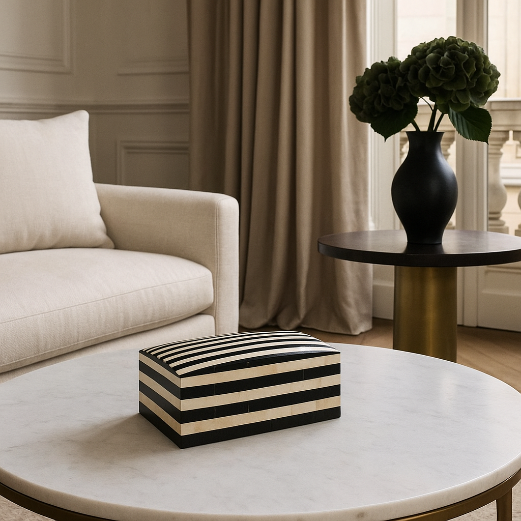 Bone Inlay Rectangular Box : Stripe : Black & White