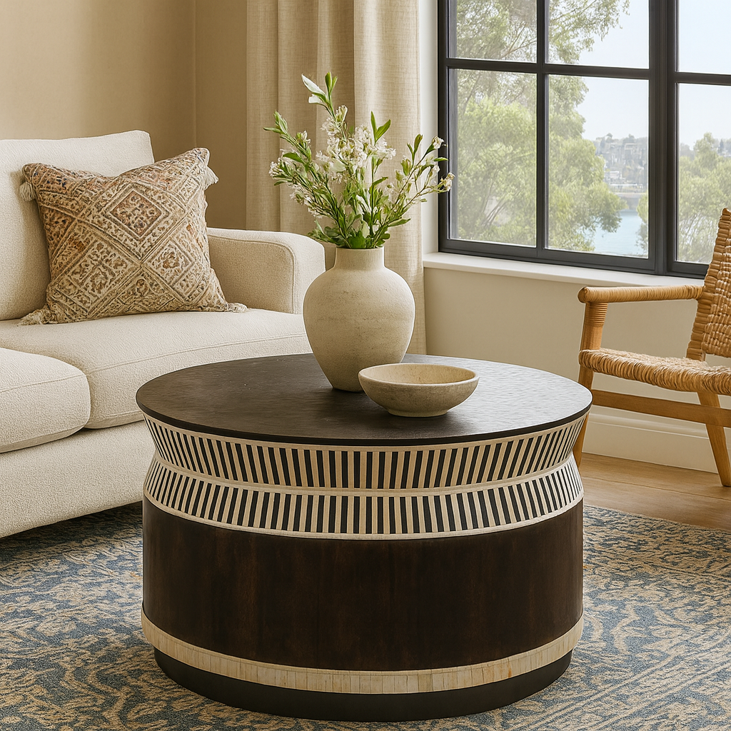 Bone Inlay Round Coffee Table : Charlston : Black