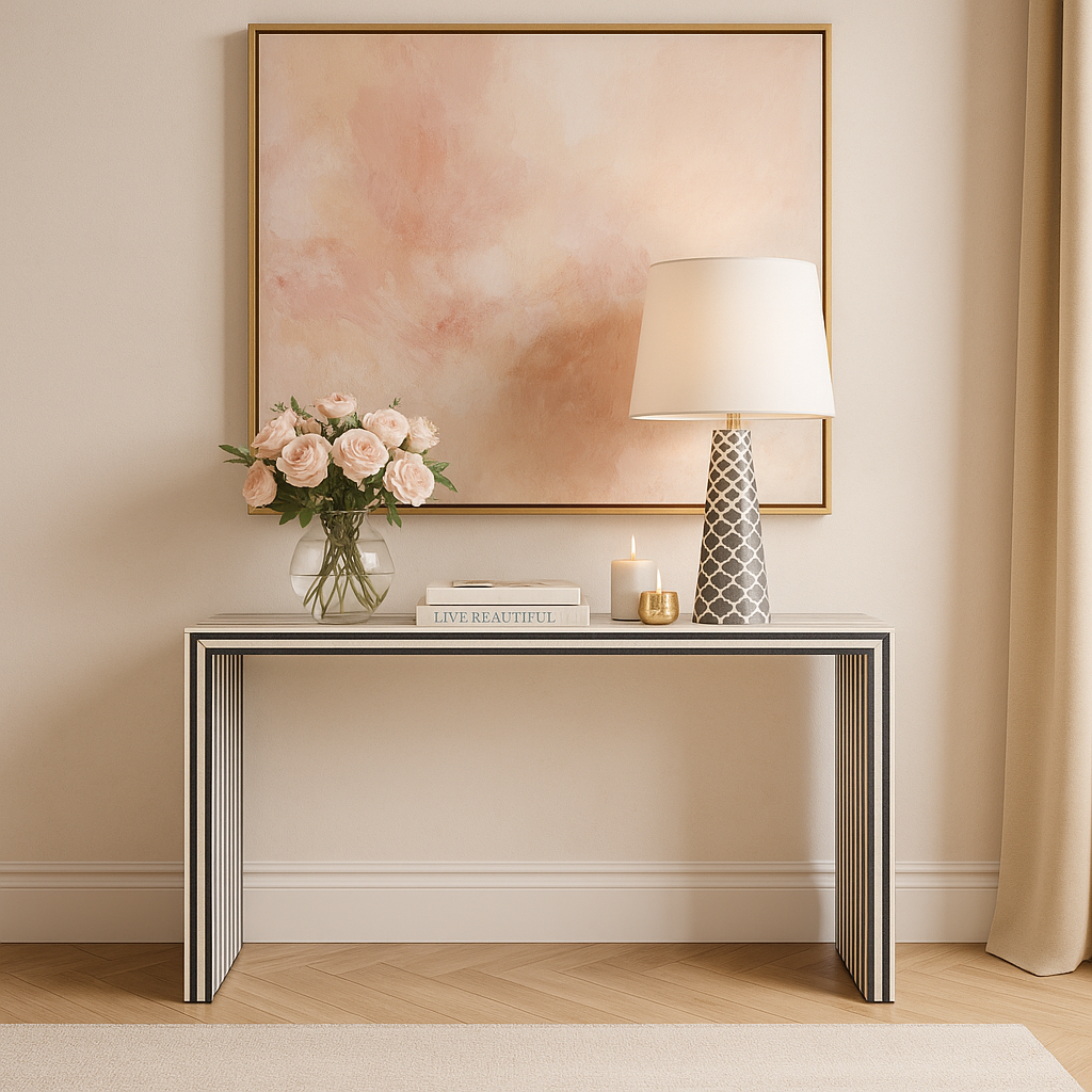 Console table with decorative items against a wall with a framed abstract painting.