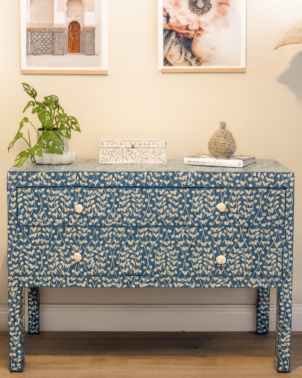 Bone Inlay 2 Drawer Chest : Hearts : Teal