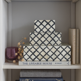 Decorative boxes with a geometric pattern on a shelf with books and a vase.