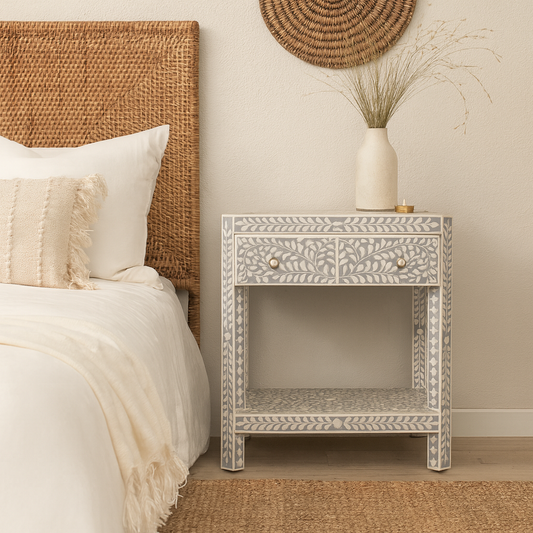 Bone Inlay 1 Drawer Bedside (with Undershelf) :  Floral : Grey