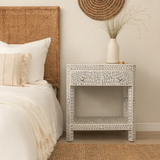 Bone Inlay 1 Drawer Bedside (with Undershelf) :  Floral : Grey