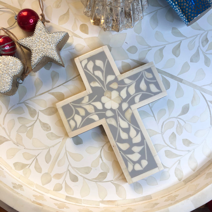 Bone Inlay Small Cross : Floral : Grey