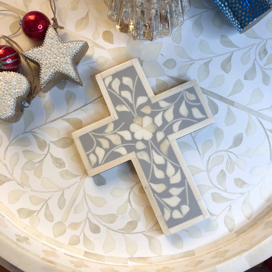Bone Inlay Small Cross : Floral : Grey