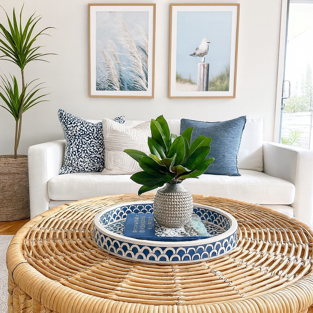 Bone Inlay Round Tray : Scallop : Encore Blue