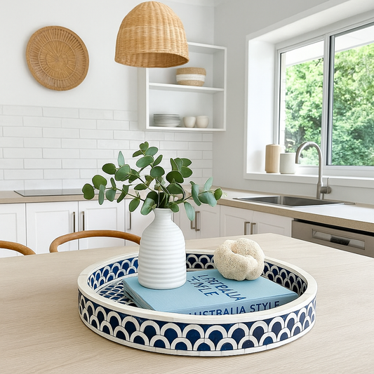 Bone Inlay Round Tray : Scallop : Encore Blue