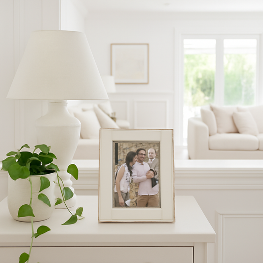 Framed photo of a couple on a table with a lamp and plant in a bright living room.