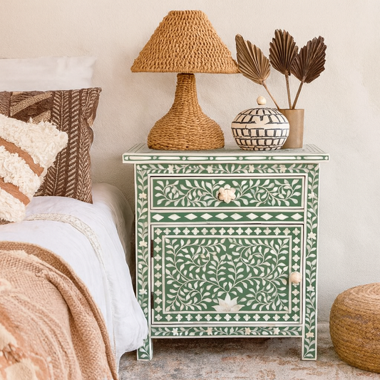 Bone Inlay Large Bedside Cabinet : Floral : Sage
