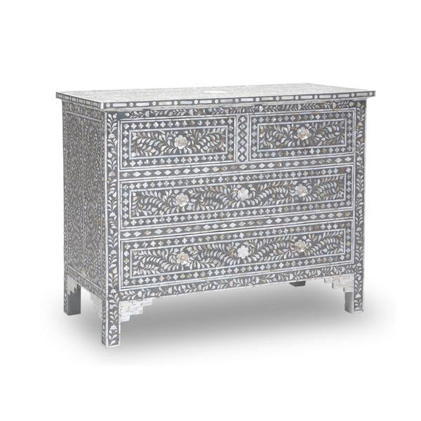 Mother of Pearl Inlay 4 Drawer Chest : Floral : Grey