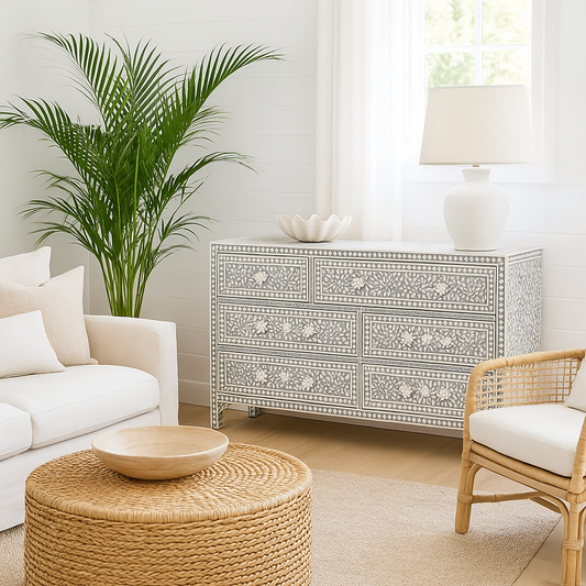 Bone Inlay 7 Drawer Chest : Floral : Grey