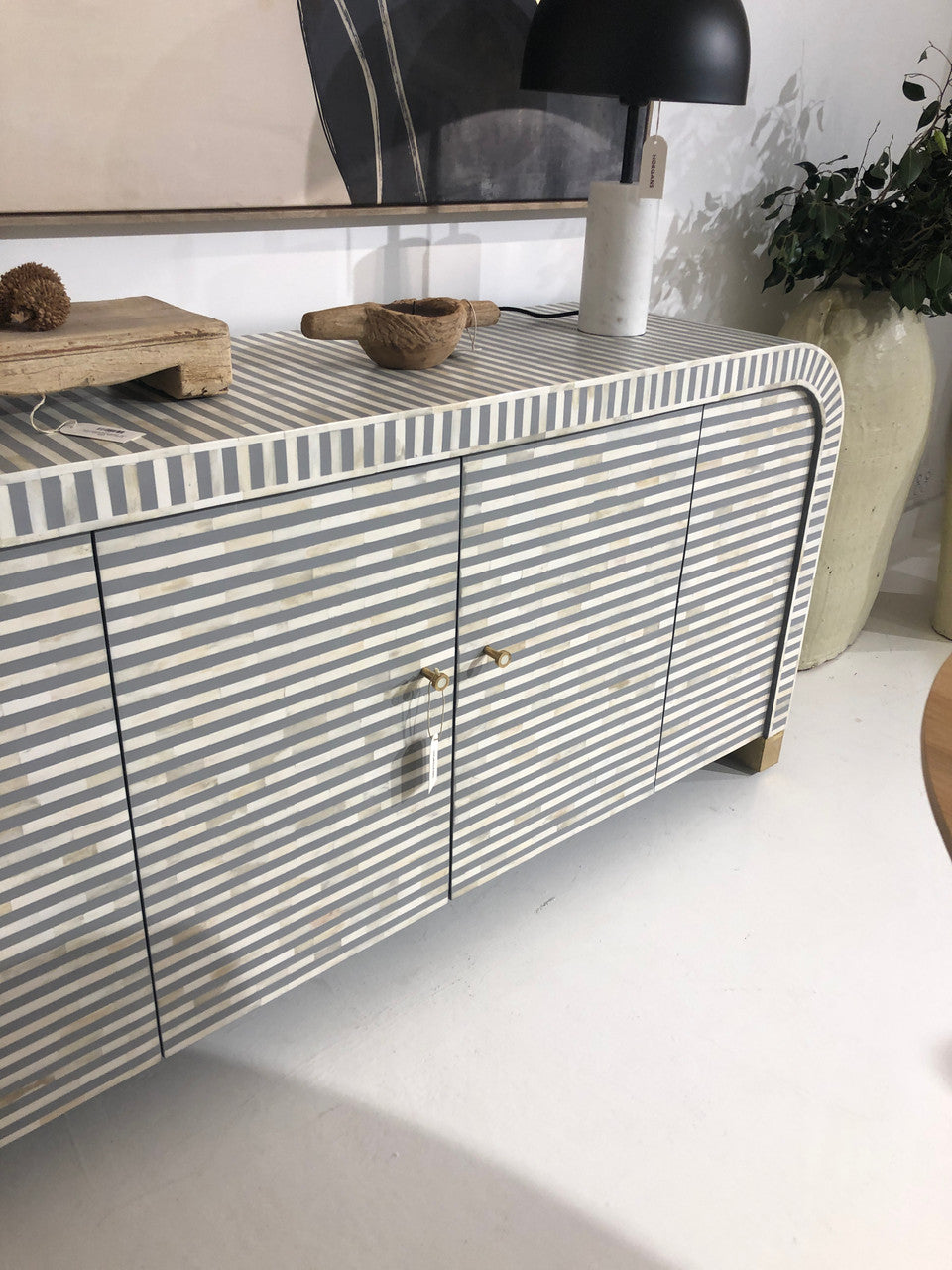 Bone Inlay 2 Door Waterfall Buffet : Stripe : Grey