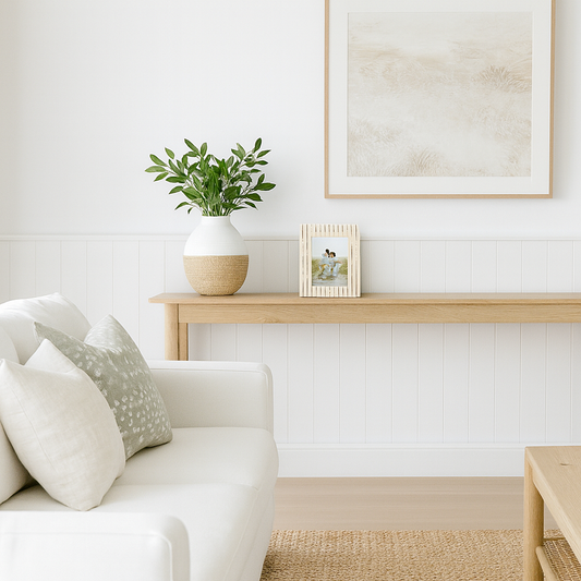 Modern living room with white sofa, wooden coffee table, and decorative items.