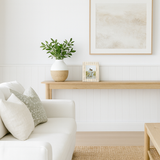 Modern living room with white sofa, wooden coffee table, and decorative items.