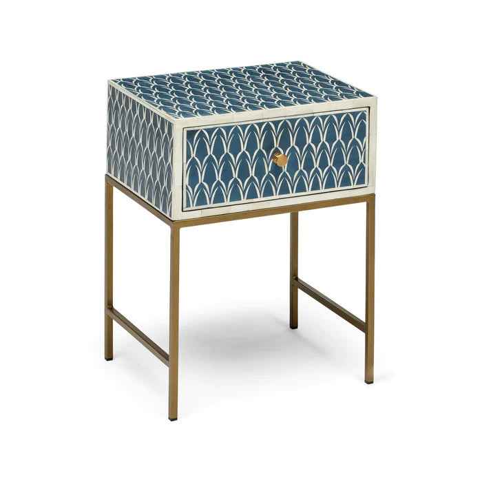 Bone Inlay 1 Drawer Bedside (with Metal Legs) : Arches : Indigo