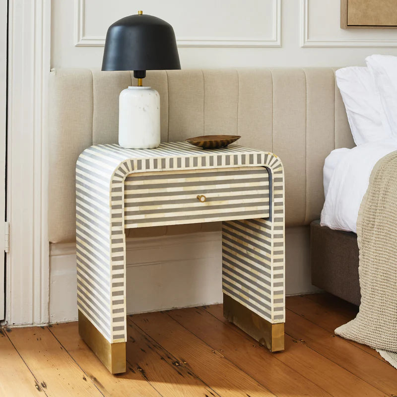 Bone Inlay Bedside Table : Stripe : Grey