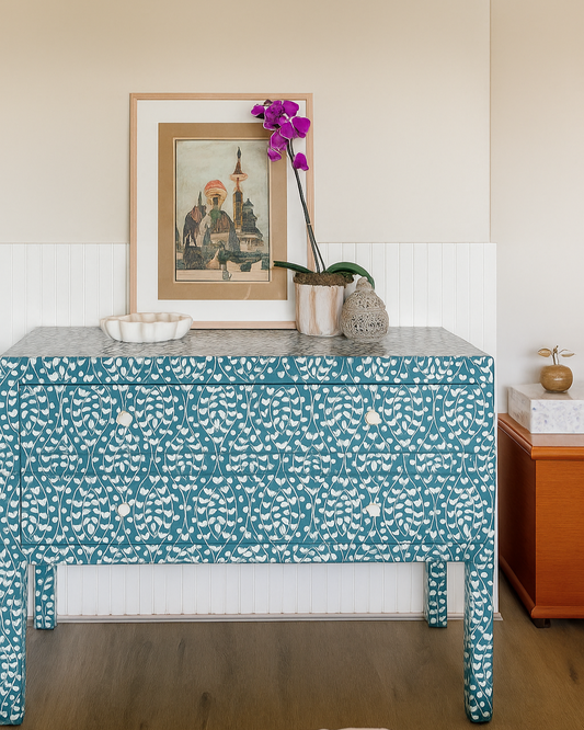 Bone Inlay 2 Drawer Chest : Hearts : Teal