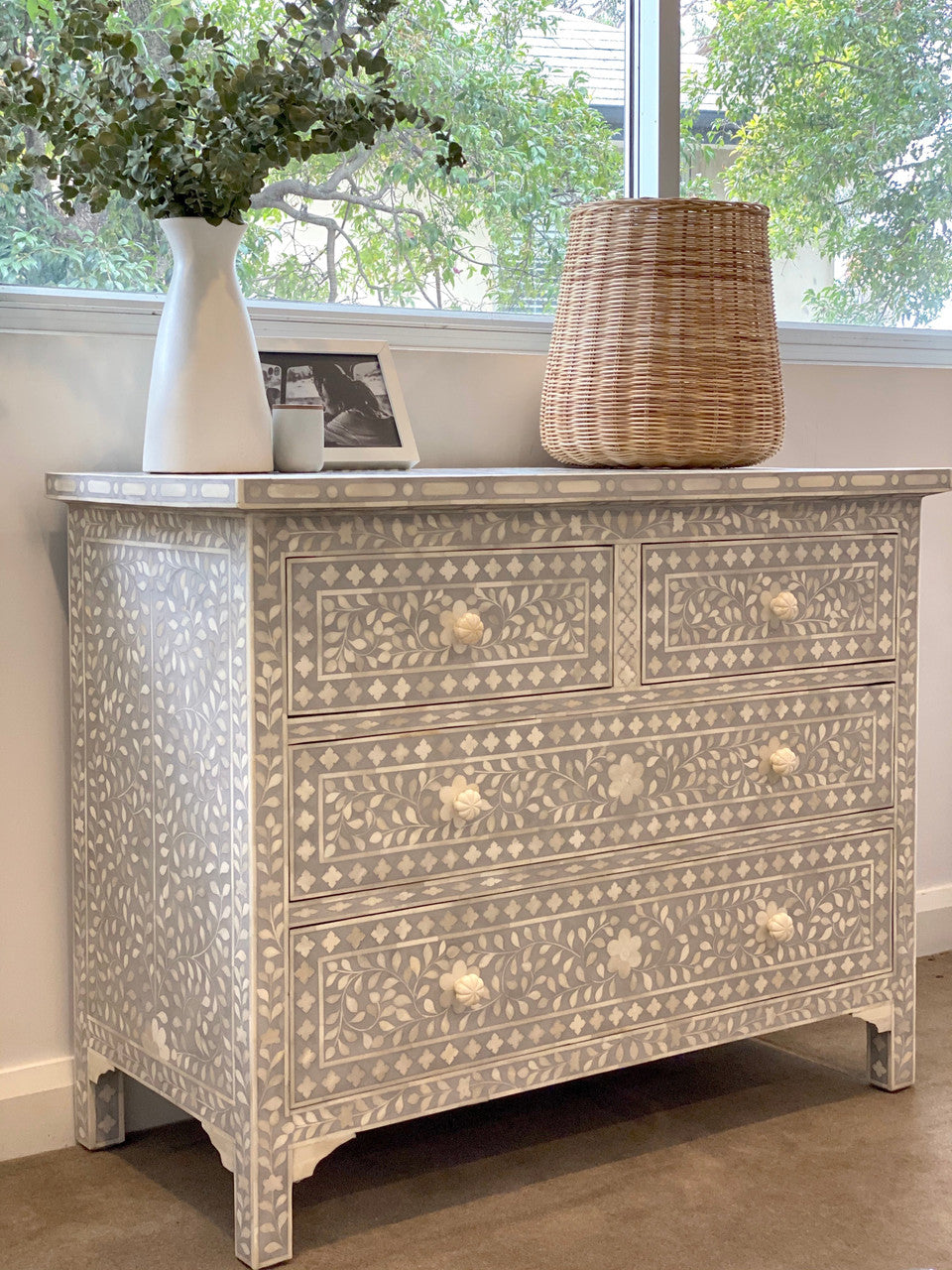 Bone Inlay 4 Drawer Chest : Floral : Dove Grey