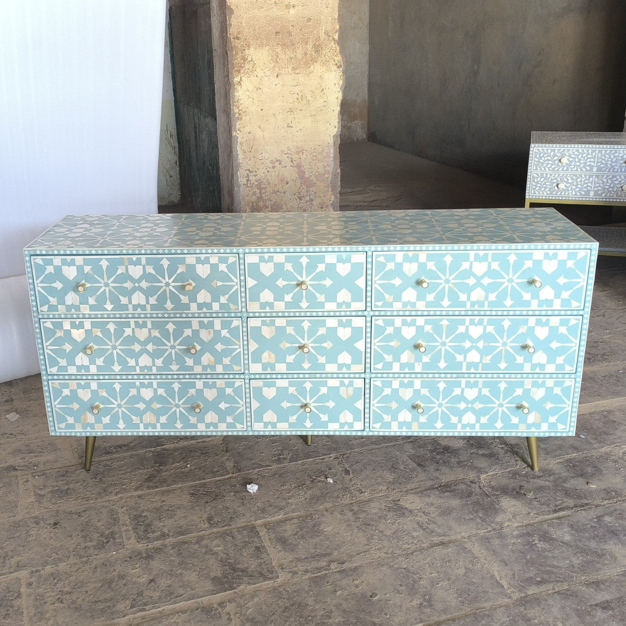 Bone Inlay 9 Drawer Sideboard : Zelliges : Aqua