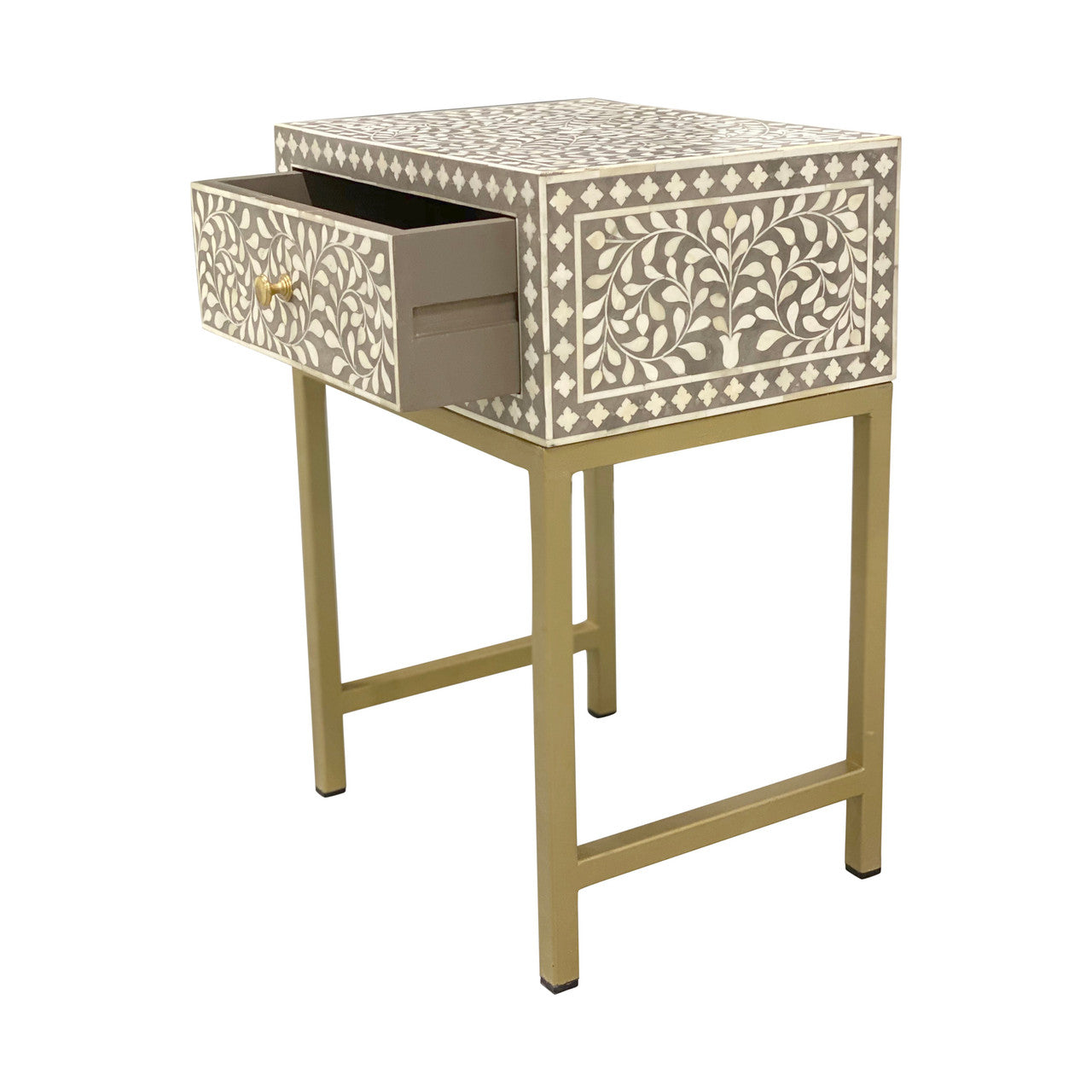 Bone Inlay 1 Drawer Bedside (with Metal Legs) : Liana : Soft Beige