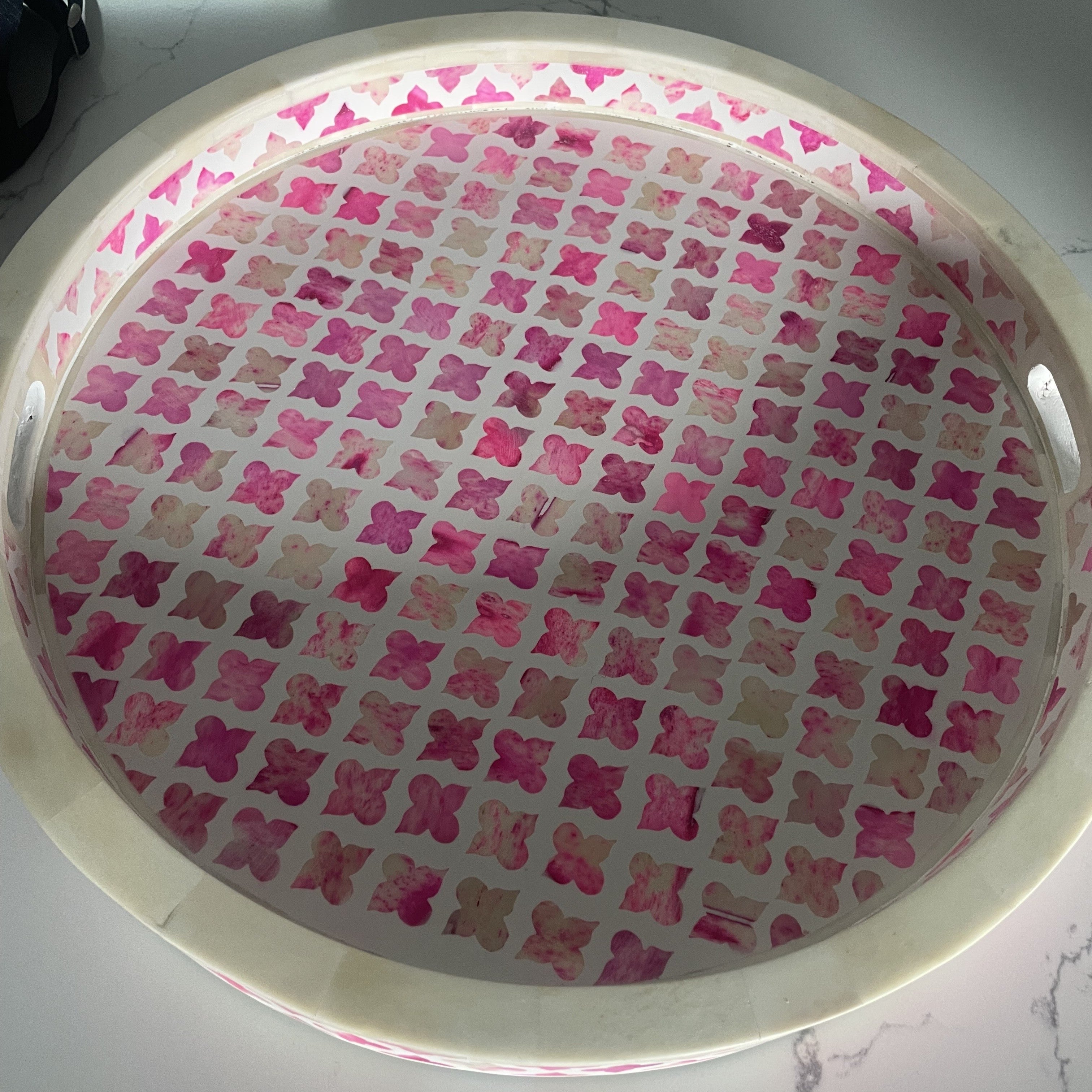 Dyed Bone Inlay Round Tray : Moroccan : Pink