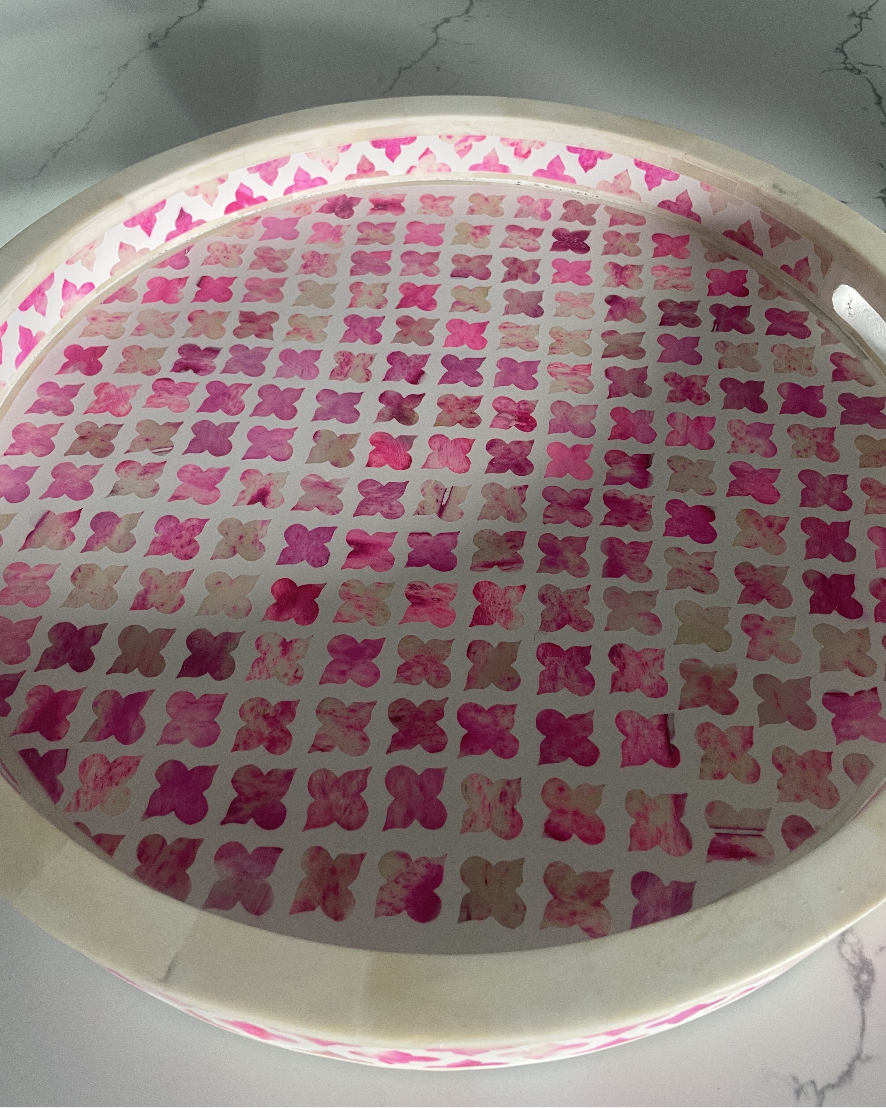 Dyed Bone Inlay Round Tray : Moroccan : Pink