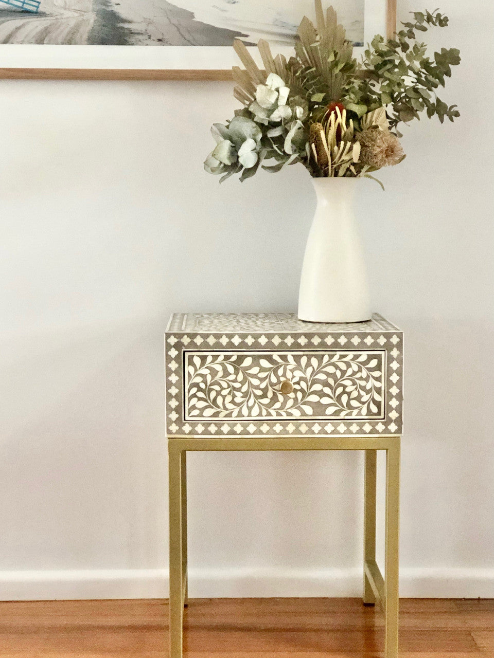 Bone Inlay 1 Drawer Bedside (with Metal Legs) : Liana : Soft Beige