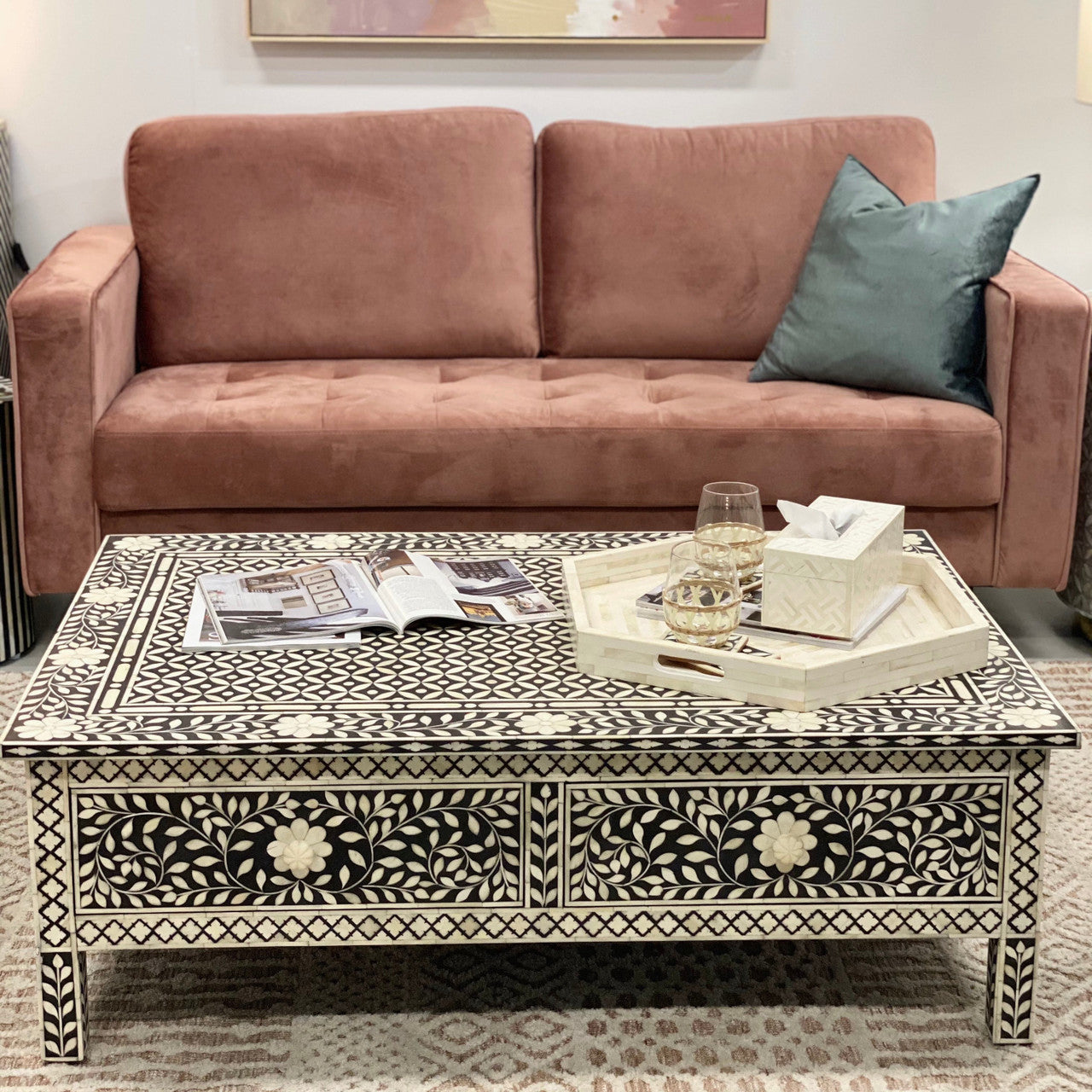 Bone Inlay Rectangular Coffee Table : Floral : Black