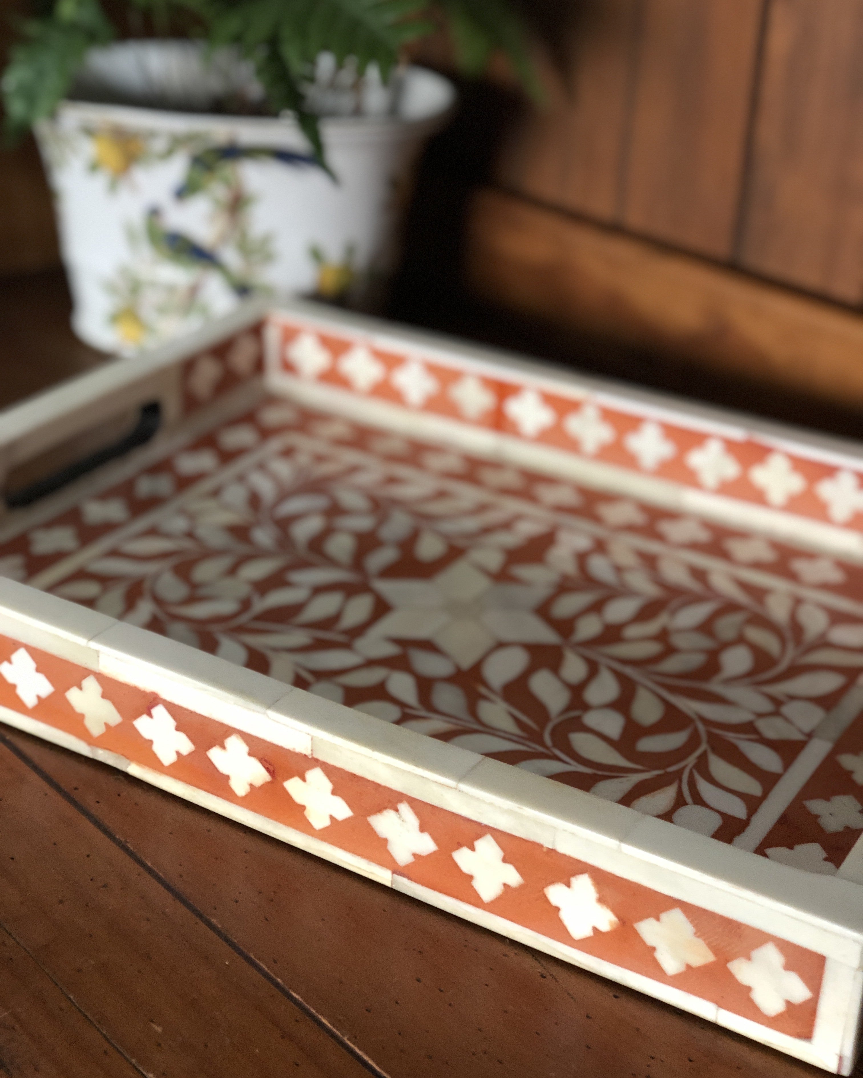 Bone Inlay Rectangular Tray : Floral : Orange