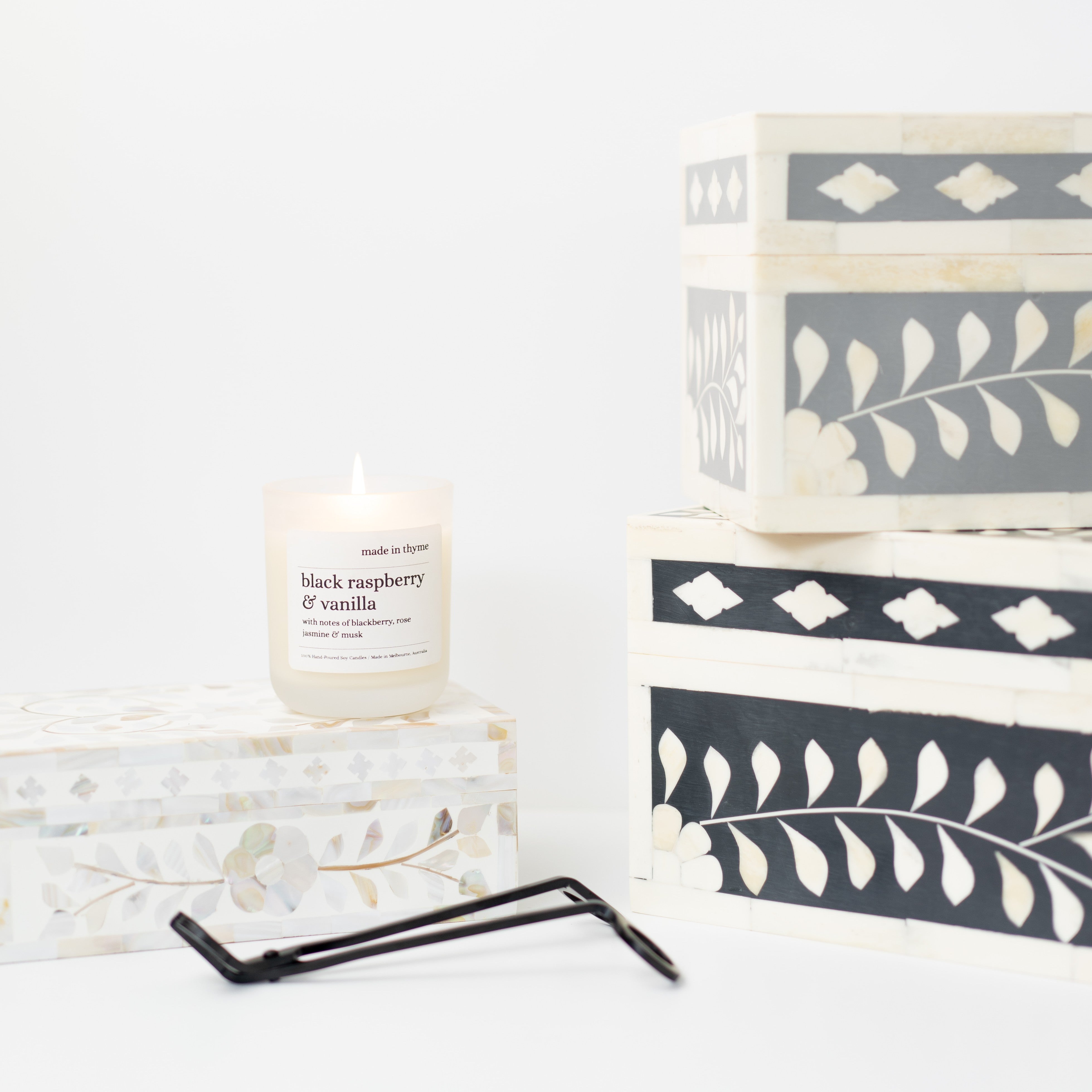 Bone Inlay Large Box : Floral : Black